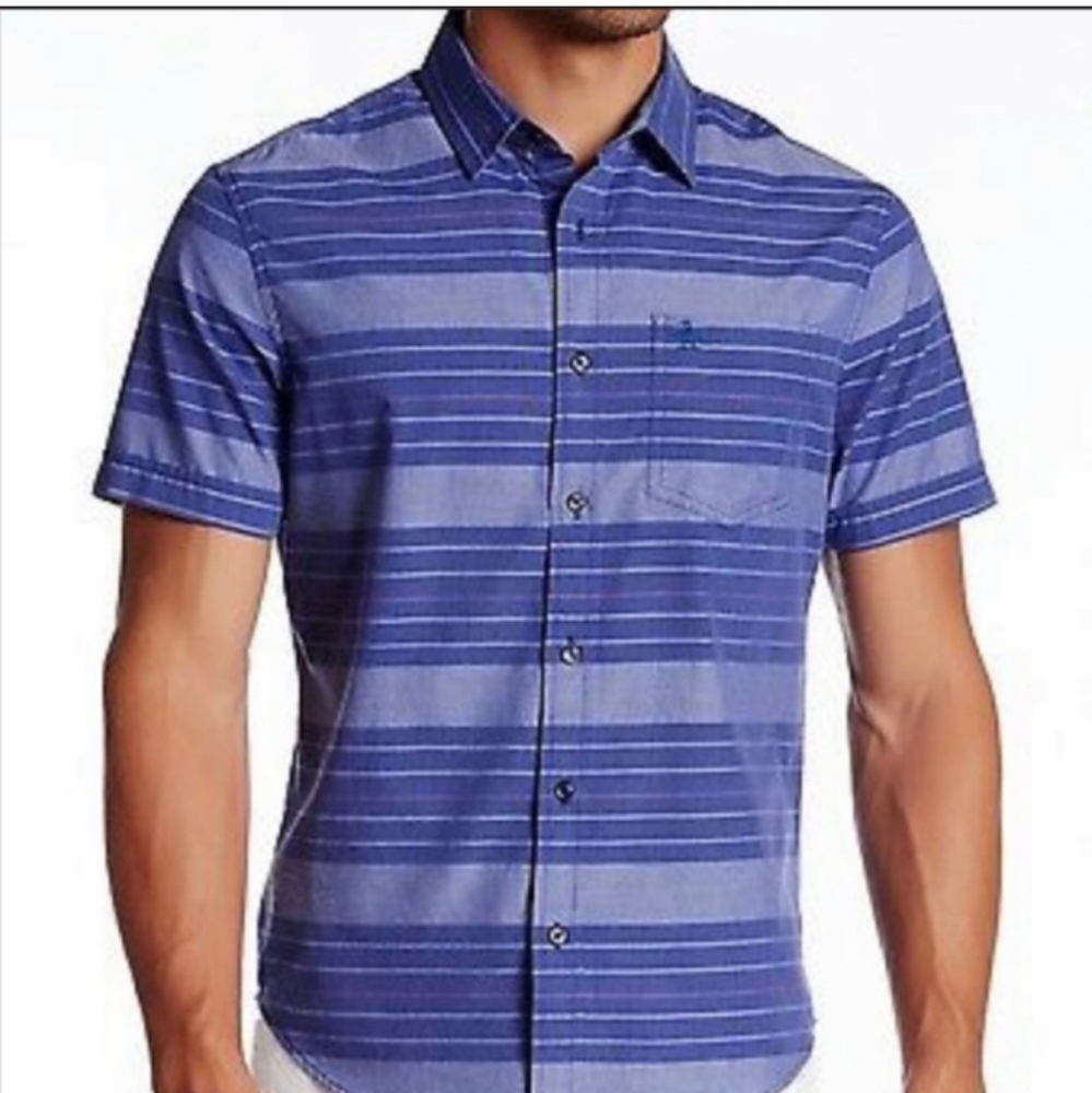 PENGUIN Mens Blue Striped Short Sleeve Button Front Shirt Size Large Slim Fit